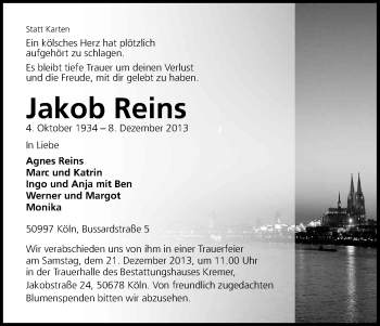 Anzeige von Jakob Reins von Kölner Stadt-Anzeiger / Kölnische Rundschau / Express