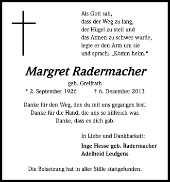 Anzeige von Margret Radermacher von Kölner Stadt-Anzeiger / Kölnische Rundschau / Express