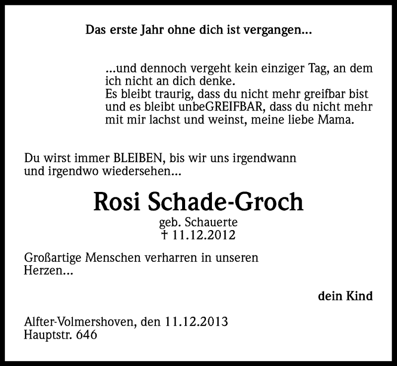  Traueranzeige für Rosi Schade-Groch vom 11.12.2013 aus Kölner Stadt-Anzeiger / Kölnische Rundschau / Express