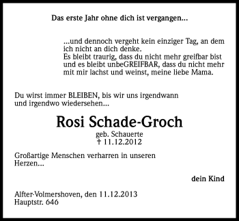 Anzeige von Rosi Schade-Groch von Kölner Stadt-Anzeiger / Kölnische Rundschau / Express
