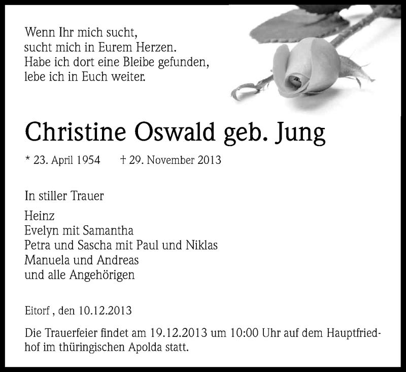  Traueranzeige für Christine Oswald vom 14.12.2013 aus Kölner Stadt-Anzeiger / Kölnische Rundschau / Express