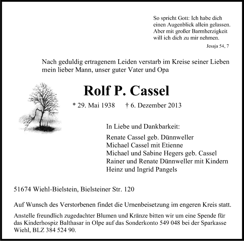  Traueranzeige für Rolf Cassel vom 11.12.2013 aus Kölner Stadt-Anzeiger / Kölnische Rundschau / Express