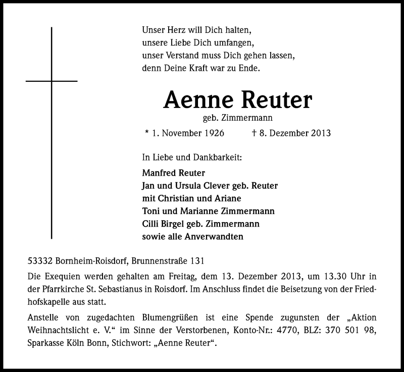  Traueranzeige für Aenne Reuter vom 11.12.2013 aus Kölner Stadt-Anzeiger / Kölnische Rundschau / Express