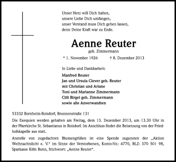 Anzeige von Aenne Reuter von Kölner Stadt-Anzeiger / Kölnische Rundschau / Express