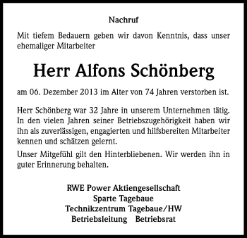 Anzeige von Alfons Schönberg von Kölner Stadt-Anzeiger / Kölnische Rundschau / Express