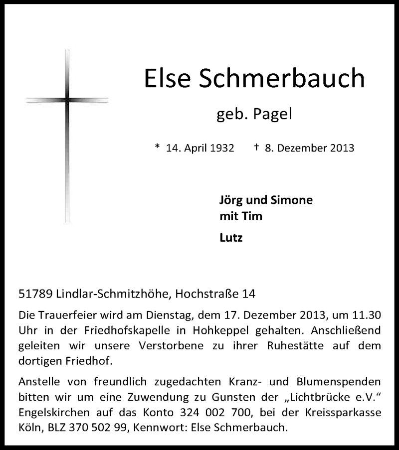  Traueranzeige für Else Schmerbauch vom 12.12.2013 aus Kölner Stadt-Anzeiger / Kölnische Rundschau / Express