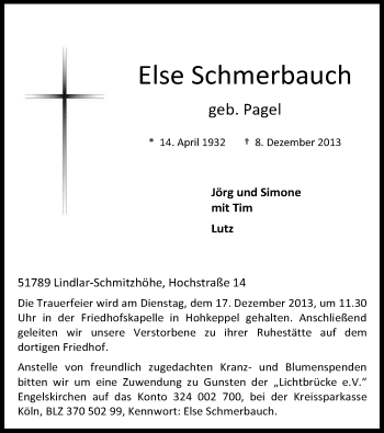 Anzeige von Else Schmerbauch von Kölner Stadt-Anzeiger / Kölnische Rundschau / Express