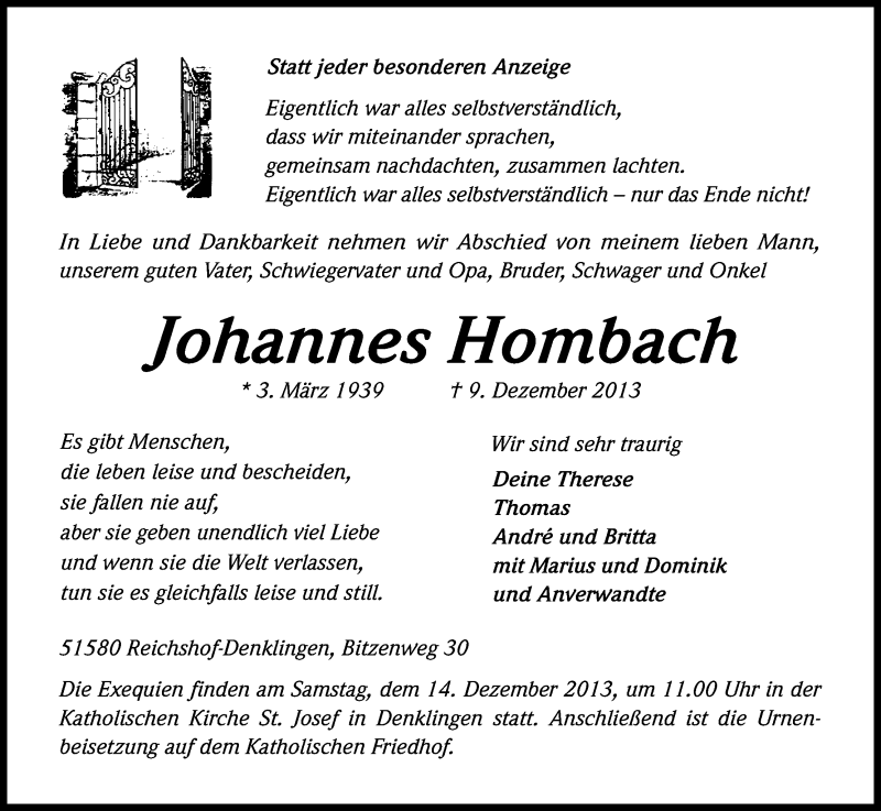  Traueranzeige für Johannes Hombach vom 11.12.2013 aus Kölner Stadt-Anzeiger / Kölnische Rundschau / Express