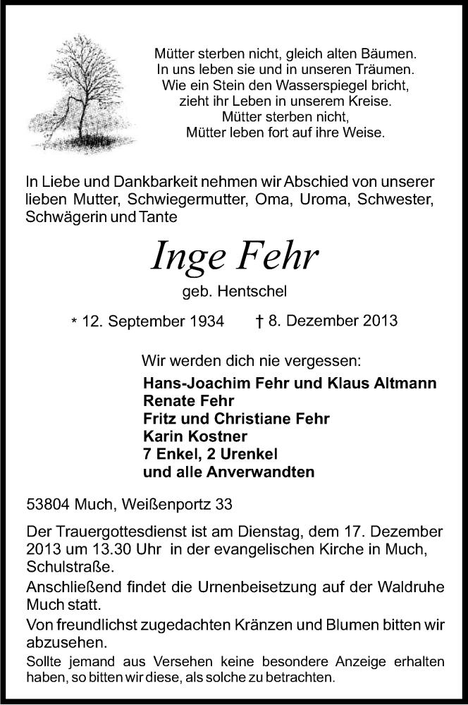  Traueranzeige für Inge Fehr vom 11.12.2013 aus Kölner Stadt-Anzeiger / Kölnische Rundschau / Express
