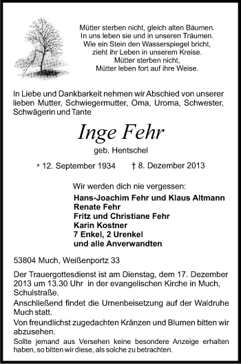 Anzeige von Inge Fehr von Kölner Stadt-Anzeiger / Kölnische Rundschau / Express