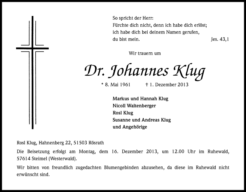  Traueranzeige für Johannes Klug vom 12.12.2013 aus Kölner Stadt-Anzeiger / Kölnische Rundschau / Express
