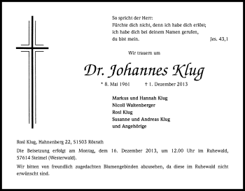 Anzeige von Johannes Klug von Kölner Stadt-Anzeiger / Kölnische Rundschau / Express