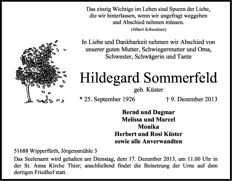  Traueranzeige für Hildegard Sommerfeld vom 11.12.2013 aus Kölner Stadt-Anzeiger / Kölnische Rundschau / Express