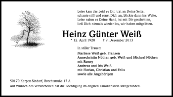 Anzeige von Heinz-Günter Weiß von Kölner Stadt-Anzeiger / Kölnische Rundschau / Express
