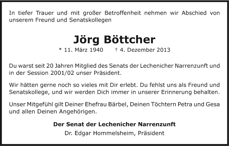  Traueranzeige für Jörg Böttcher vom 11.12.2013 aus Kölner Stadt-Anzeiger / Kölnische Rundschau / Express