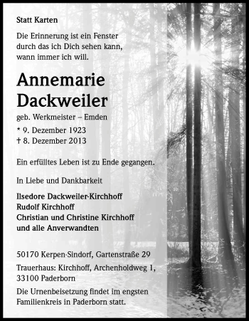 Anzeige von Annemarie Dackweiler von Kölner Stadt-Anzeiger / Kölnische Rundschau / Express