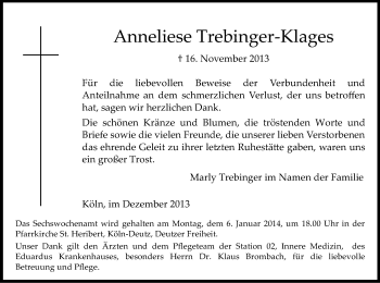 Anzeige von Anneliese Trebinger-Klages von Kölner Stadt-Anzeiger / Kölnische Rundschau / Express