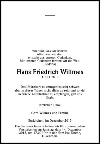 Anzeige von Hans Friedrich Willmes von Kölner Stadt-Anzeiger / Kölnische Rundschau / Express