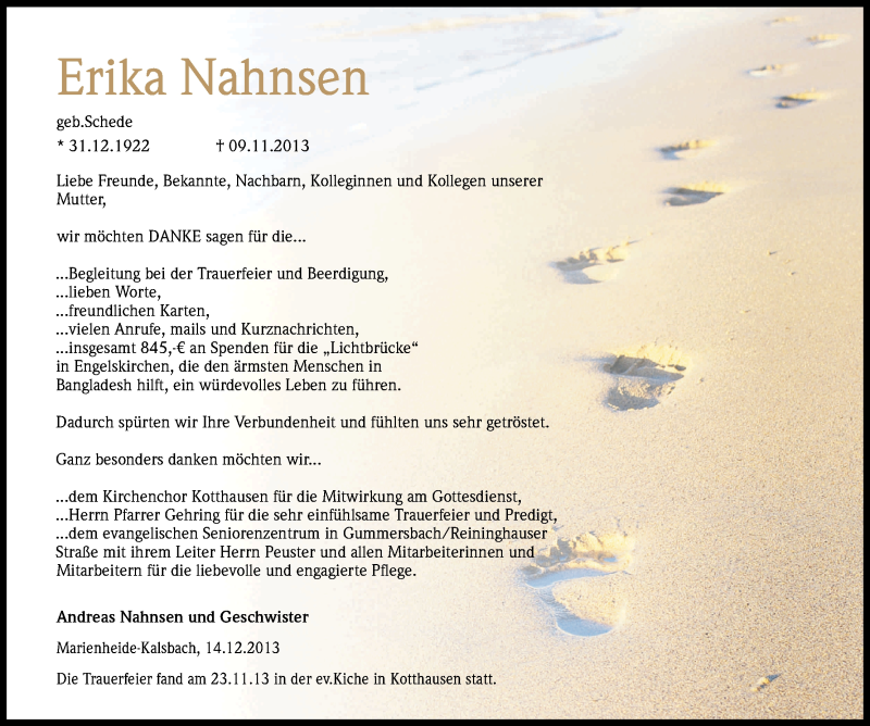  Traueranzeige für Erika Nahnsen vom 14.12.2013 aus Kölner Stadt-Anzeiger / Kölnische Rundschau / Express