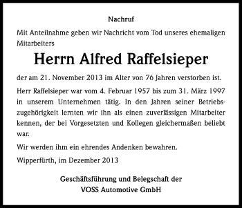 Anzeige von Alfred Raffelsieper von Kölner Stadt-Anzeiger / Kölnische Rundschau / Express