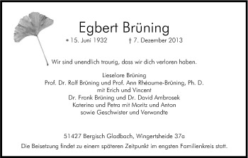 Anzeige von Egbert Brüning von Kölner Stadt-Anzeiger / Kölnische Rundschau / Express