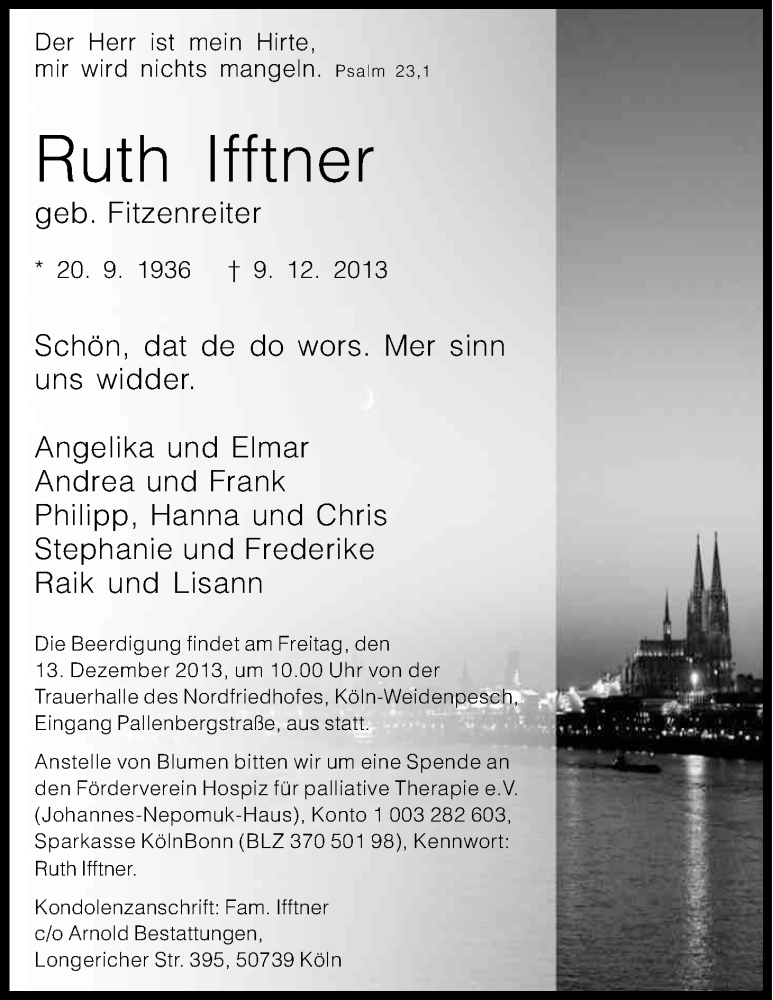  Traueranzeige für Ruth Ifftner vom 11.12.2013 aus Kölner Stadt-Anzeiger / Kölnische Rundschau / Express