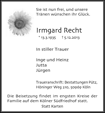 Anzeige von Irmgard Recht von Kölner Stadt-Anzeiger / Kölnische Rundschau / Express