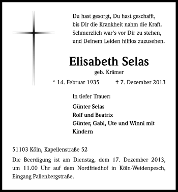 Anzeige von Elisabeth Selas von Kölner Stadt-Anzeiger / Kölnische Rundschau / Express