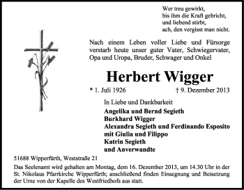 Anzeige von Herbert Wigger von Kölner Stadt-Anzeiger / Kölnische Rundschau / Express