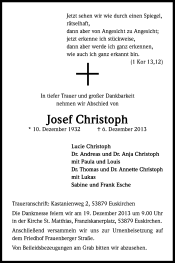 Anzeige von Josef Christoph von Kölner Stadt-Anzeiger / Kölnische Rundschau / Express