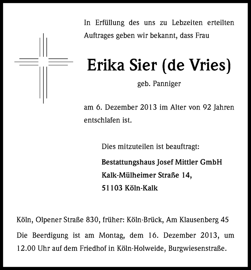  Traueranzeige für Erika Sier vom 12.12.2013 aus Kölner Stadt-Anzeiger / Kölnische Rundschau / Express