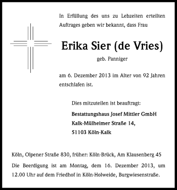 Anzeige von Erika Sier von Kölner Stadt-Anzeiger / Kölnische Rundschau / Express