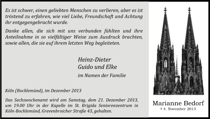 Traueranzeige für Marianne Bedorf vom 14.12.2013 aus Kölner Stadt-Anzeiger / Kölnische Rundschau / Express