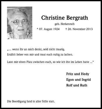 Anzeige von Christine Bergrath von Kölner Stadt-Anzeiger / Kölnische Rundschau / Express