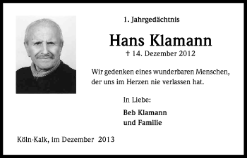 Anzeige von Hans Klamann von Kölner Stadt-Anzeiger / Kölnische Rundschau / Express