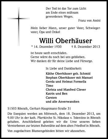 Anzeige von Willi Oberhäuser von Kölner Stadt-Anzeiger / Kölnische Rundschau / Express