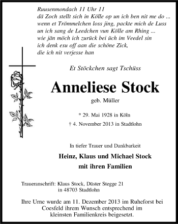 Anzeige von Anneliese Stock von Kölner Stadt-Anzeiger / Kölnische Rundschau / Express