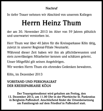Anzeige von Heinz Thum von Kölner Stadt-Anzeiger / Kölnische Rundschau / Express