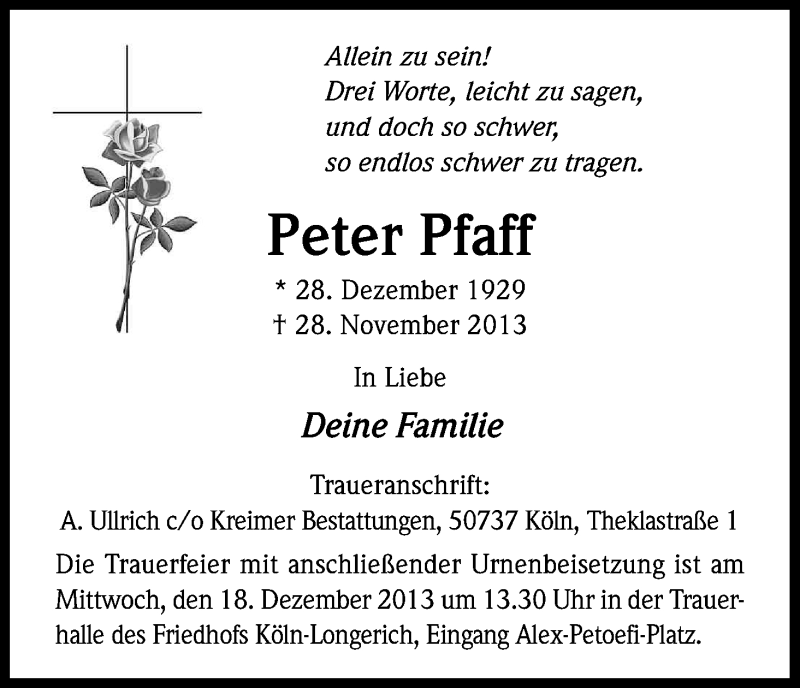  Traueranzeige für Peter Pfaff vom 14.12.2013 aus Kölner Stadt-Anzeiger / Kölnische Rundschau / Express