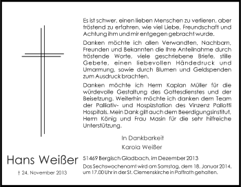 Anzeige von Hans Weißer von Kölner Stadt-Anzeiger / Kölnische Rundschau / Express