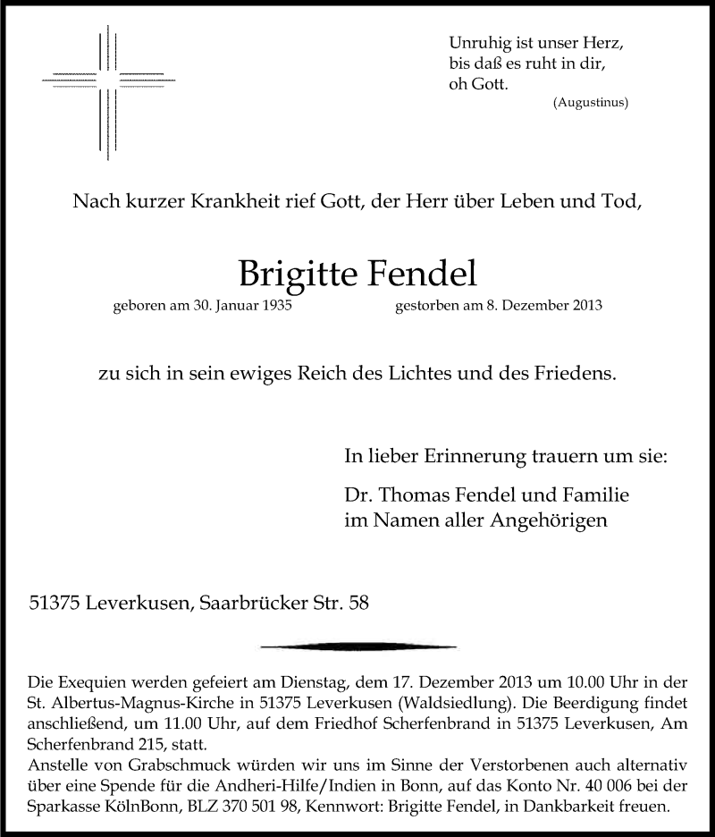  Traueranzeige für Brigitte Fendel vom 14.12.2013 aus Kölner Stadt-Anzeiger / Kölnische Rundschau / Express