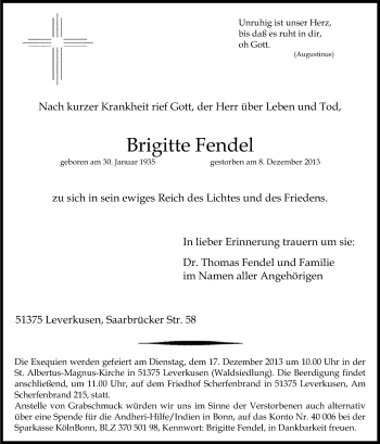 Anzeige von Brigitte Fendel von Kölner Stadt-Anzeiger / Kölnische Rundschau / Express