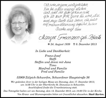 Anzeige von Margot Franzen von Kölner Stadt-Anzeiger / Kölnische Rundschau / Express