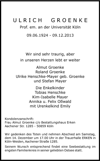 Anzeige von Ulrich Groenke von Kölner Stadt-Anzeiger / Kölnische Rundschau / Express