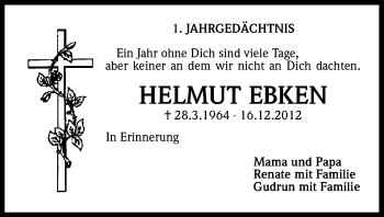 Anzeige von Helmut Ebken von Kölner Stadt-Anzeiger / Kölnische Rundschau / Express