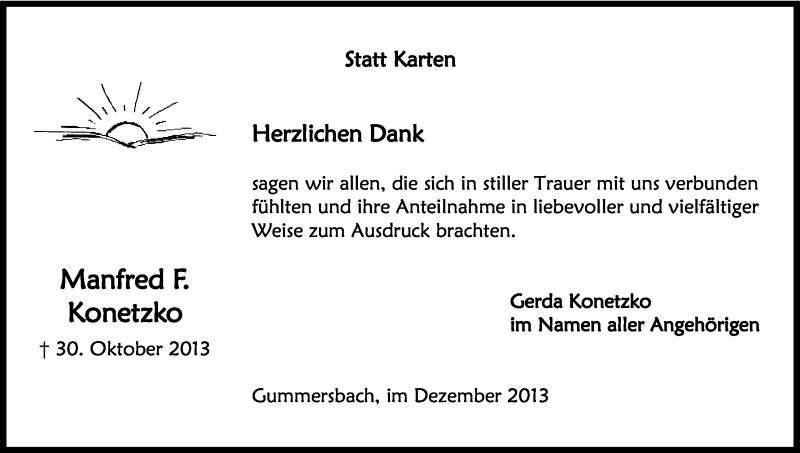  Traueranzeige für Manfred Konetzko vom 14.12.2013 aus Kölner Stadt-Anzeiger / Kölnische Rundschau / Express