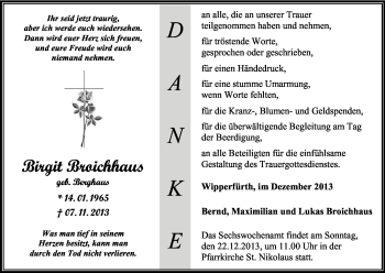 Anzeige von Birgit Broichhaus von Kölner Stadt-Anzeiger / Kölnische Rundschau / Express