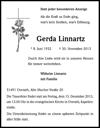Anzeige von Gerda Linnartz von Kölner Stadt-Anzeiger / Kölnische Rundschau / Express