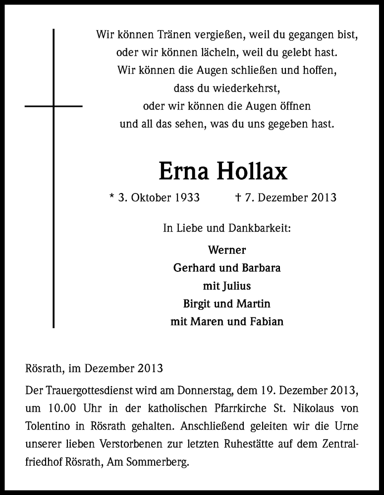  Traueranzeige für Erna Hollax vom 14.12.2013 aus Kölner Stadt-Anzeiger / Kölnische Rundschau / Express