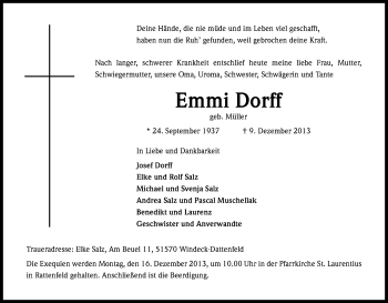 Anzeige von Emmi Dorff von Kölner Stadt-Anzeiger / Kölnische Rundschau / Express